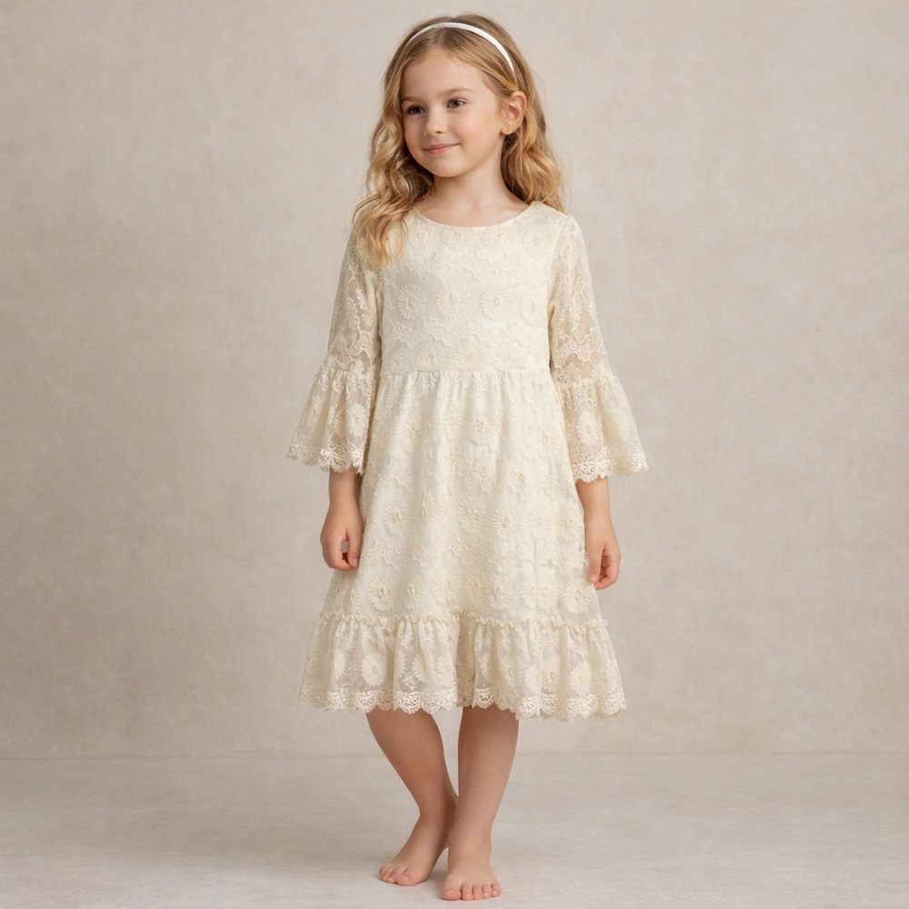 Rare Editions Girls Boho Lace Dress 4-6 Ivory Ruffle Bells Sleeve Prairie Formal